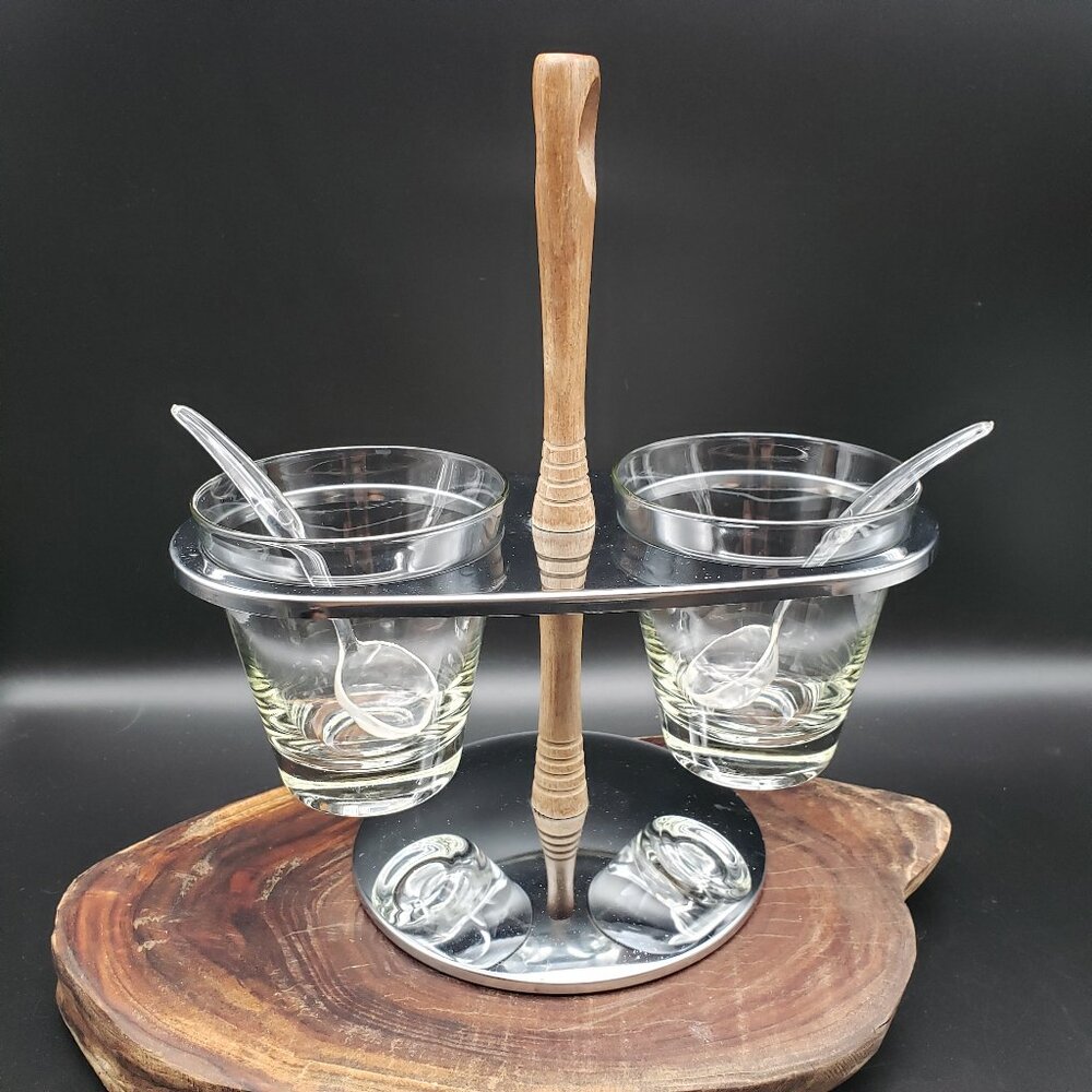 Vintage Mid Century Condiment Server 2 Glass Bowls Chrome Wood Handle + Spoons